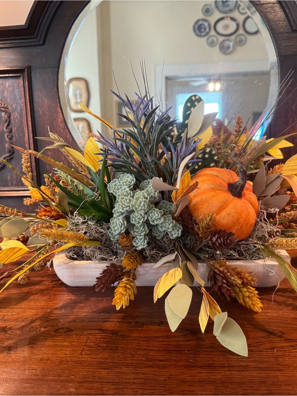 Faux Fall Pumpkin Centerpiece with Orange Pumpkin and Green Succulents